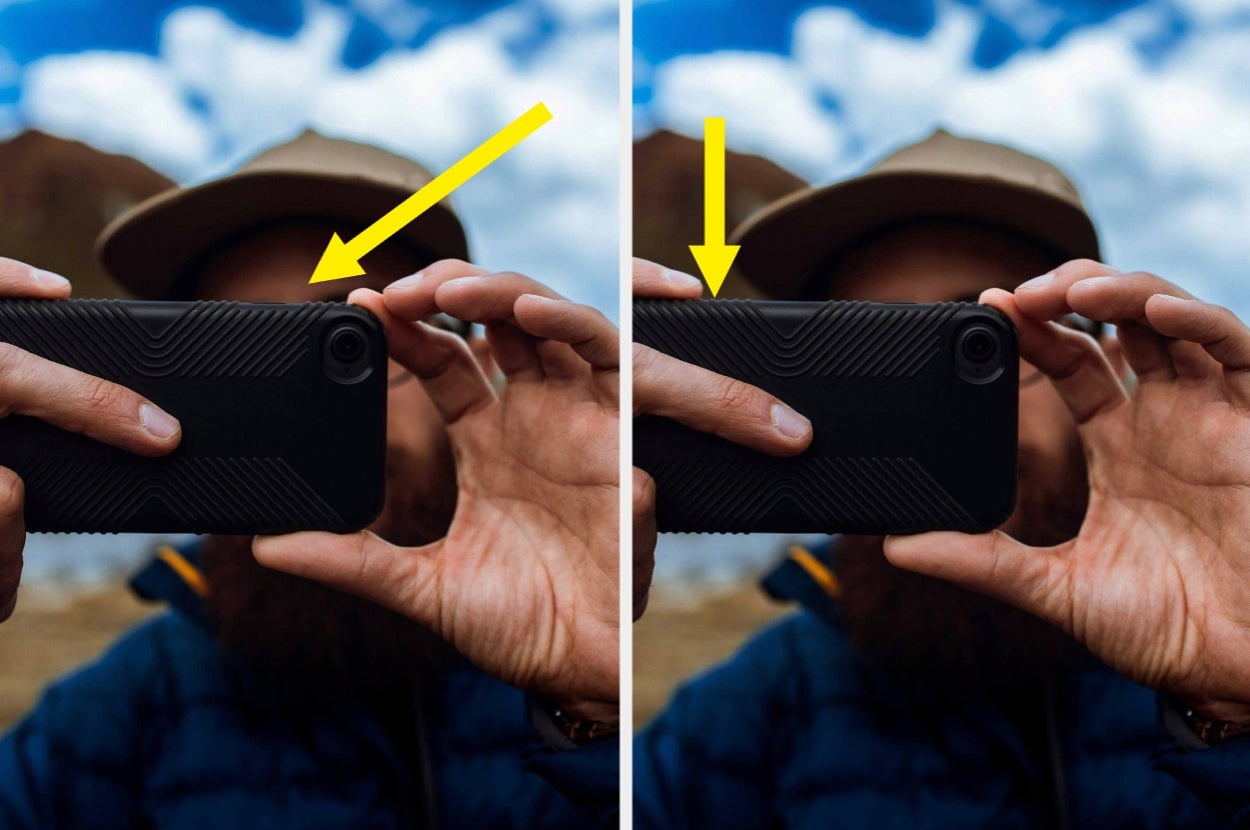Two images side by side of a person taking a photo with a phone, with yellow arrows pointing to the camera lens