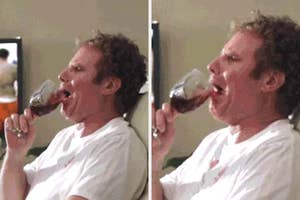 A person dramatically drinking wine, spilling some, possibly in a humorous context