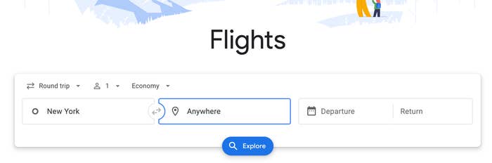 Flight booking interface showing options for circular trip, passengers, and system people from New York to an unspecified destination