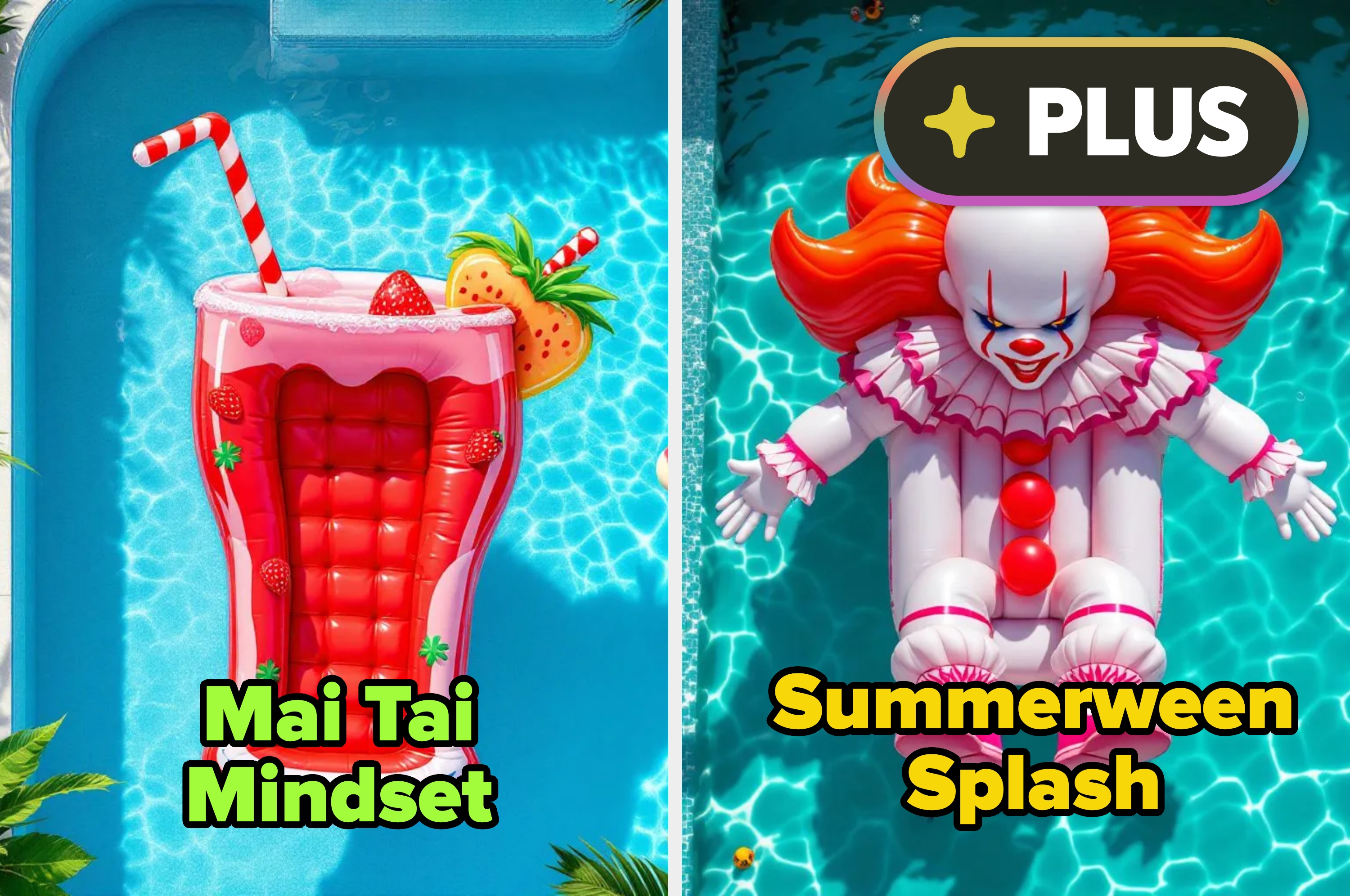 Left: Inflatable cup with straw in pool, titled "Mai Tai Mindset." Right: Inflatable clown floating in pool, titled "Summerween Splash."