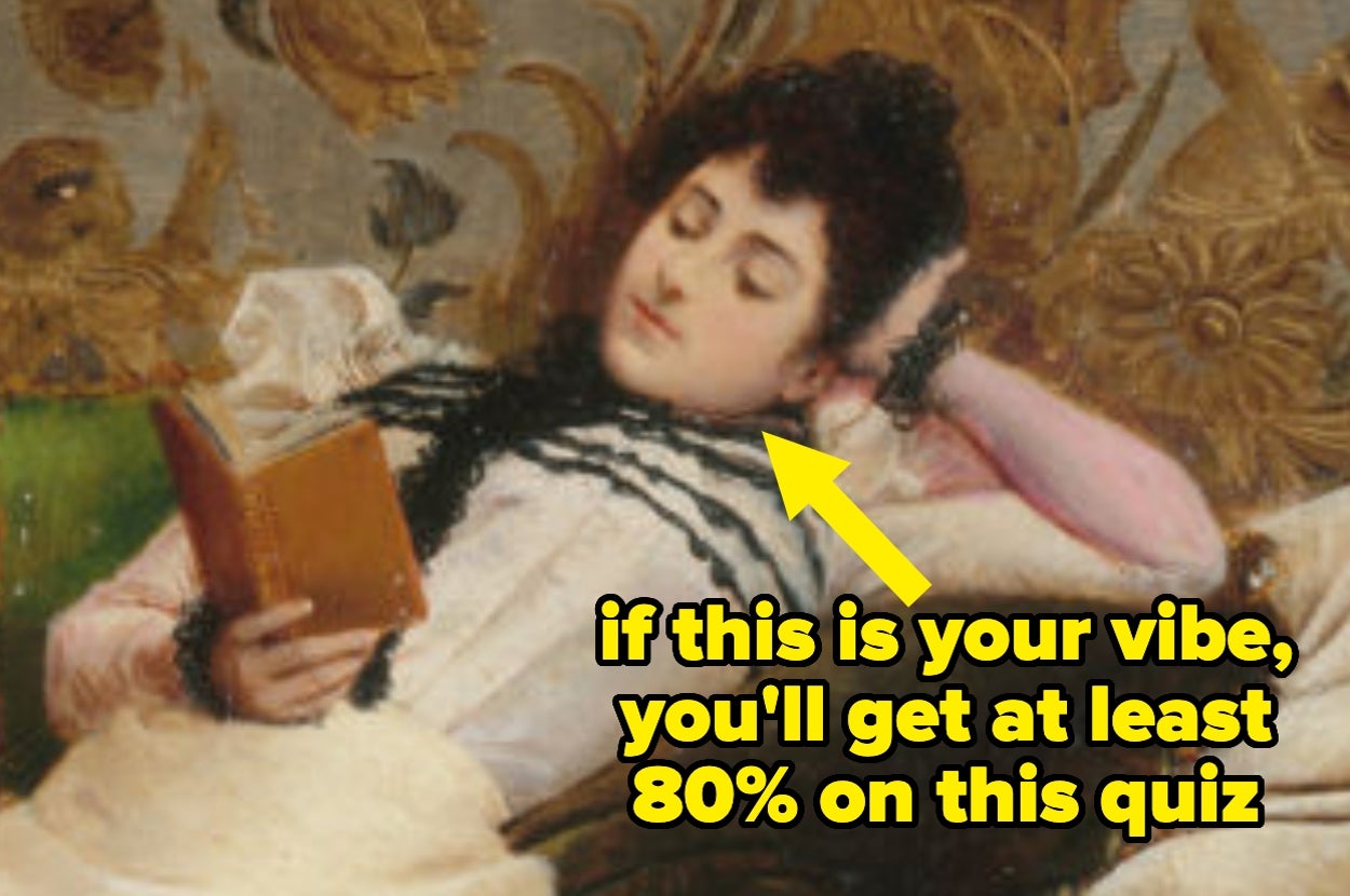 A person reclines while reading a book. Text with an arrow: "if this is your vibe, you'll get at least 80% on this quiz."