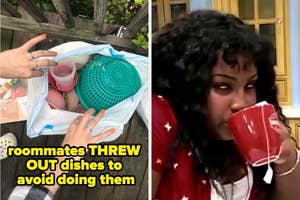 Split image: Left shows discarded kitchen items in a bag, right shows person sipping from red mug, looking amused. Text: "roommates THREW OUT dishes to avoid doing them"