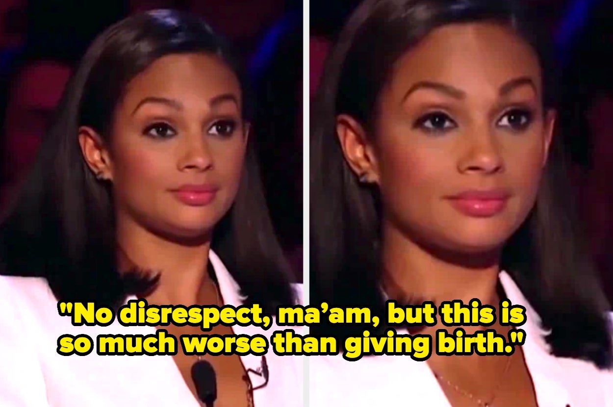 A person with a skeptical expression is shown in two photos. Overlaid text humorously reads, "No disrespect, ma’am, but this is so much worse than giving birth."