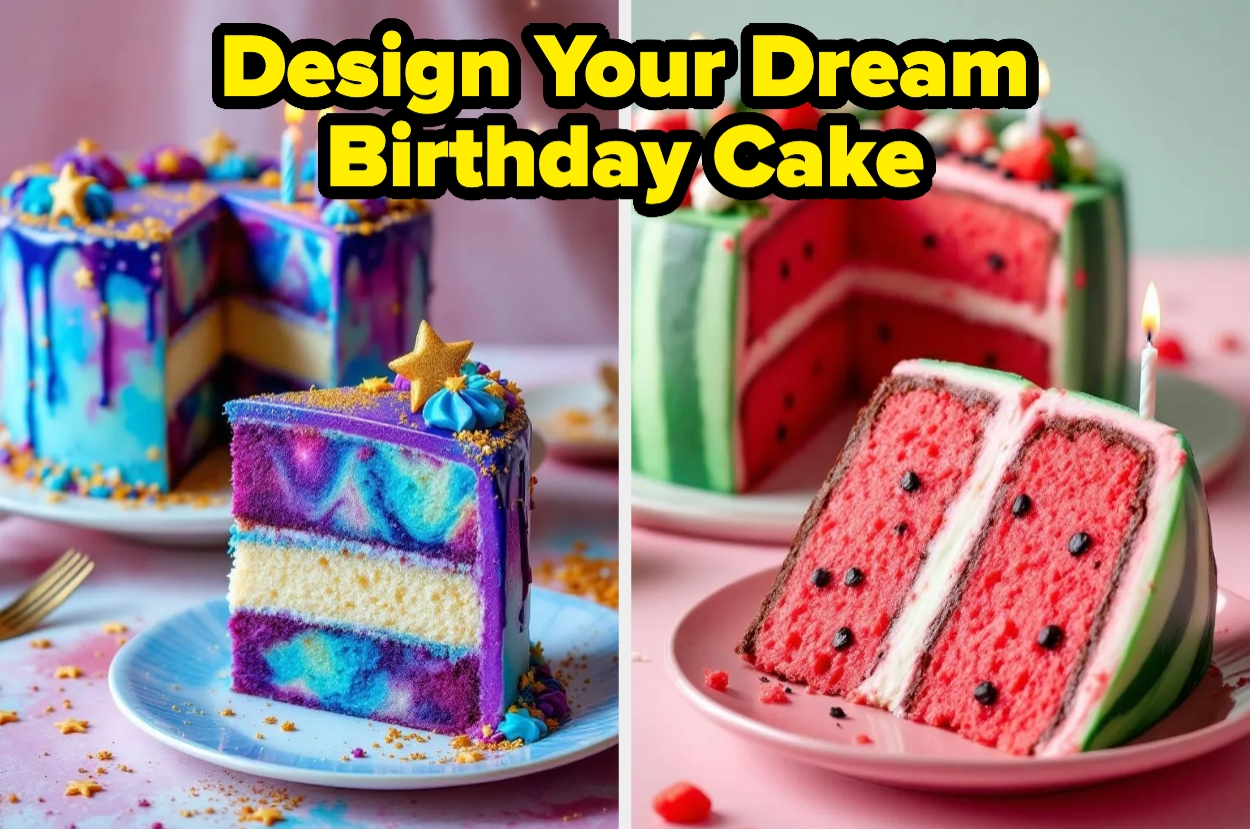 Two cakes: a multi-layered galaxy-themed cake with stars and a candle, and a watermelon-themed cake with seeds and a candle. Text: "Design Your Dream Birthday Cake."