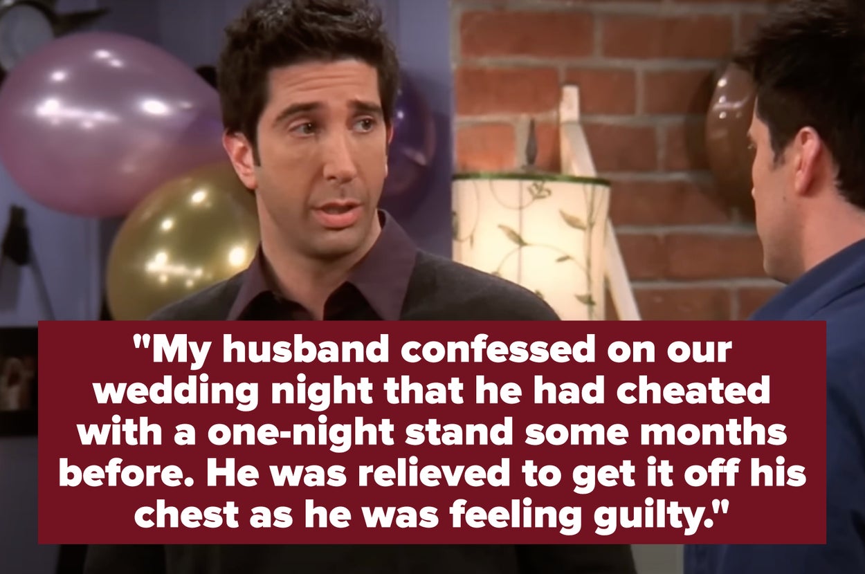 A man speaks to another man, looking concerned. The image contains text about a husband's wedding night confession of infidelity