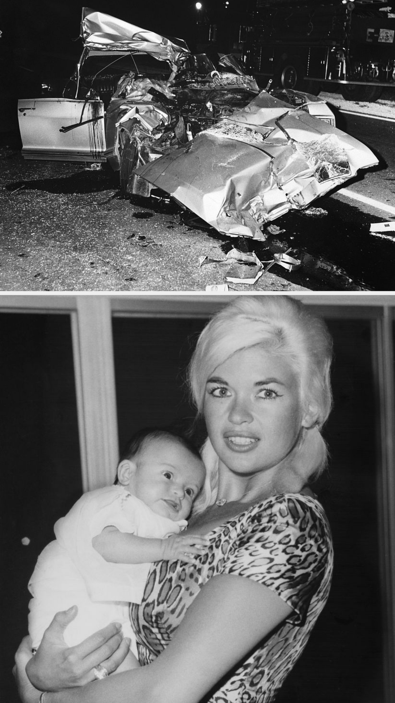 Two images: a wrecked car displaying severe damage, and a woman in patterned attire holding a baby, looking towards the camera