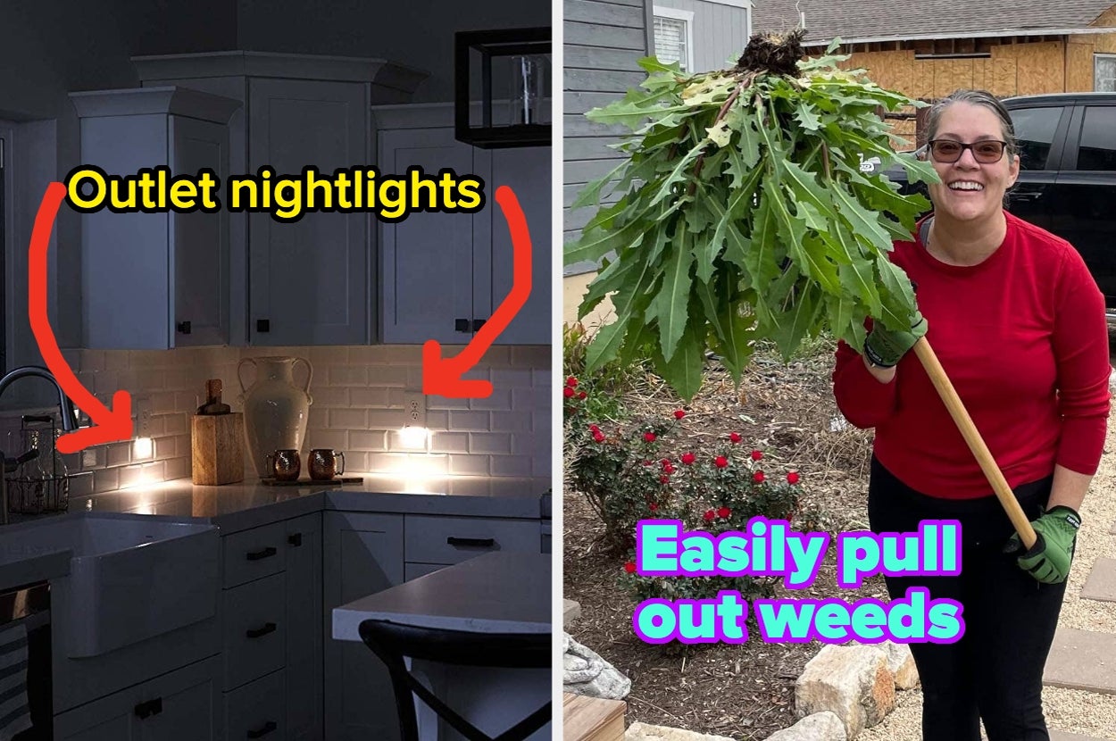 Two images: left shows outlet nightlights in a kitchen, right shows a person joyfully holding a large weed