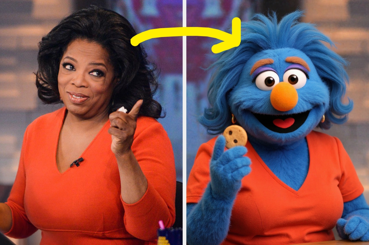 Two-panel image: On the left, Oprah gestures. On the right, a blue puppet with similar hair and clothes holds a cookie