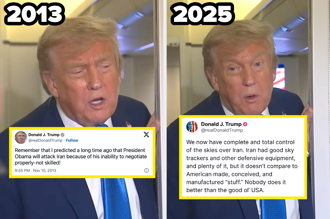 Split image: Left shows a 2013 tweet from Donald Trump predicting Iran conflict under Obama. Right is Trump in 2025 discussing U.S. control over Iran skies
