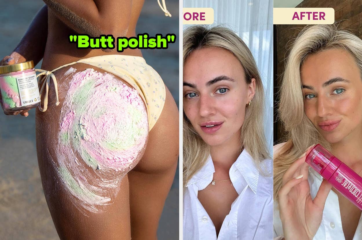 model applies skin scrub to body on the left; reviewer's open hand holding dead skin from their foot