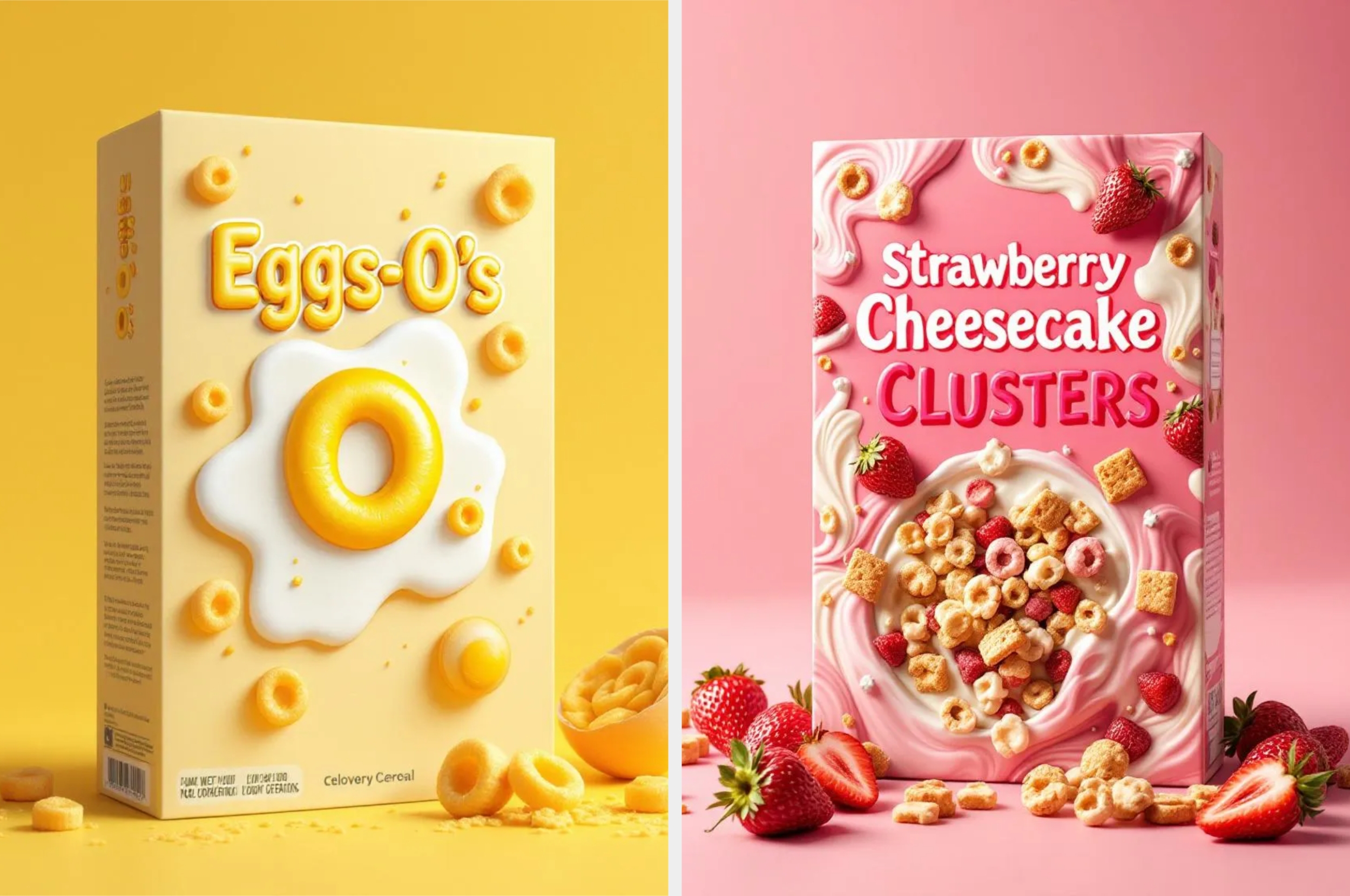 Two cereal boxes side by side: one reads "Eggs-O's" with egg-shaped cereal, the other "Strawberry Cheesecake Clusters" with berry-themed cereal and packaging