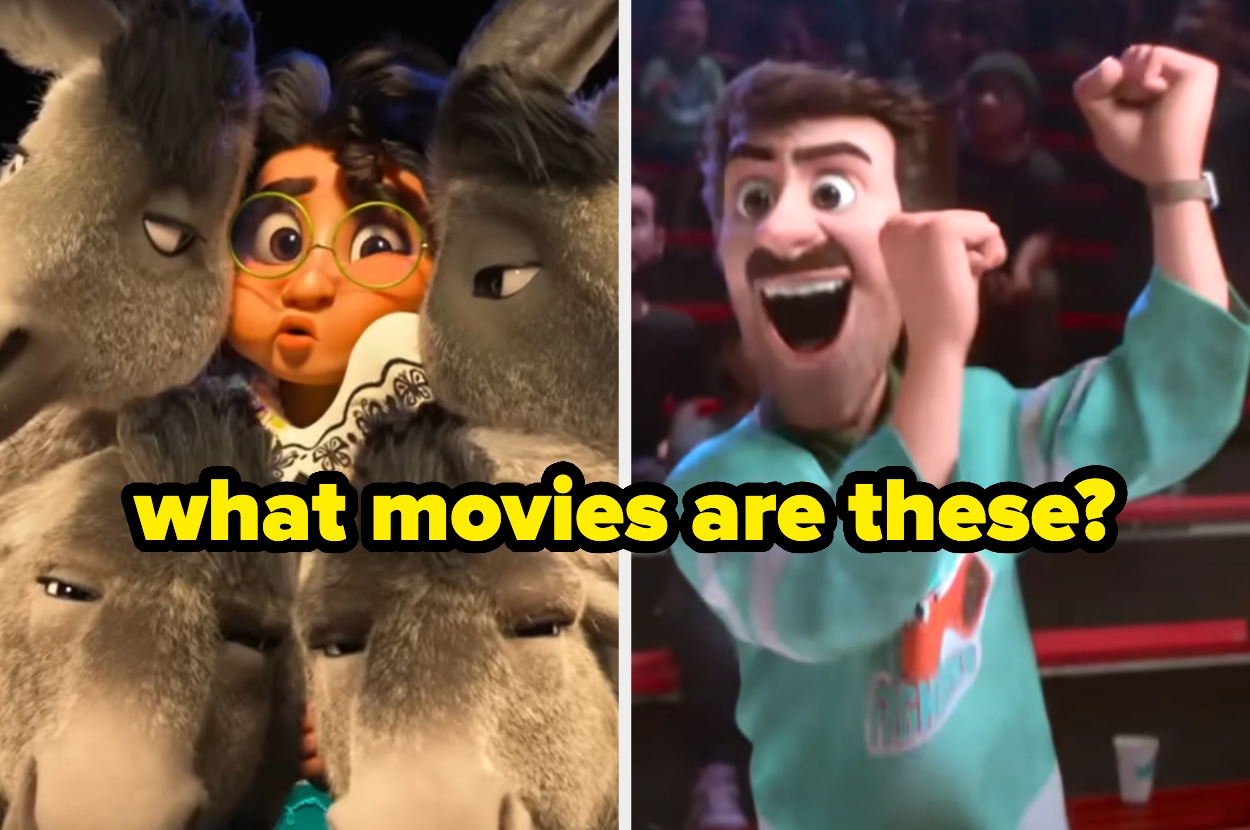 Animated characters surrounded by donkeys on left and a cheering character on right. Text asks, "What movies are these?"