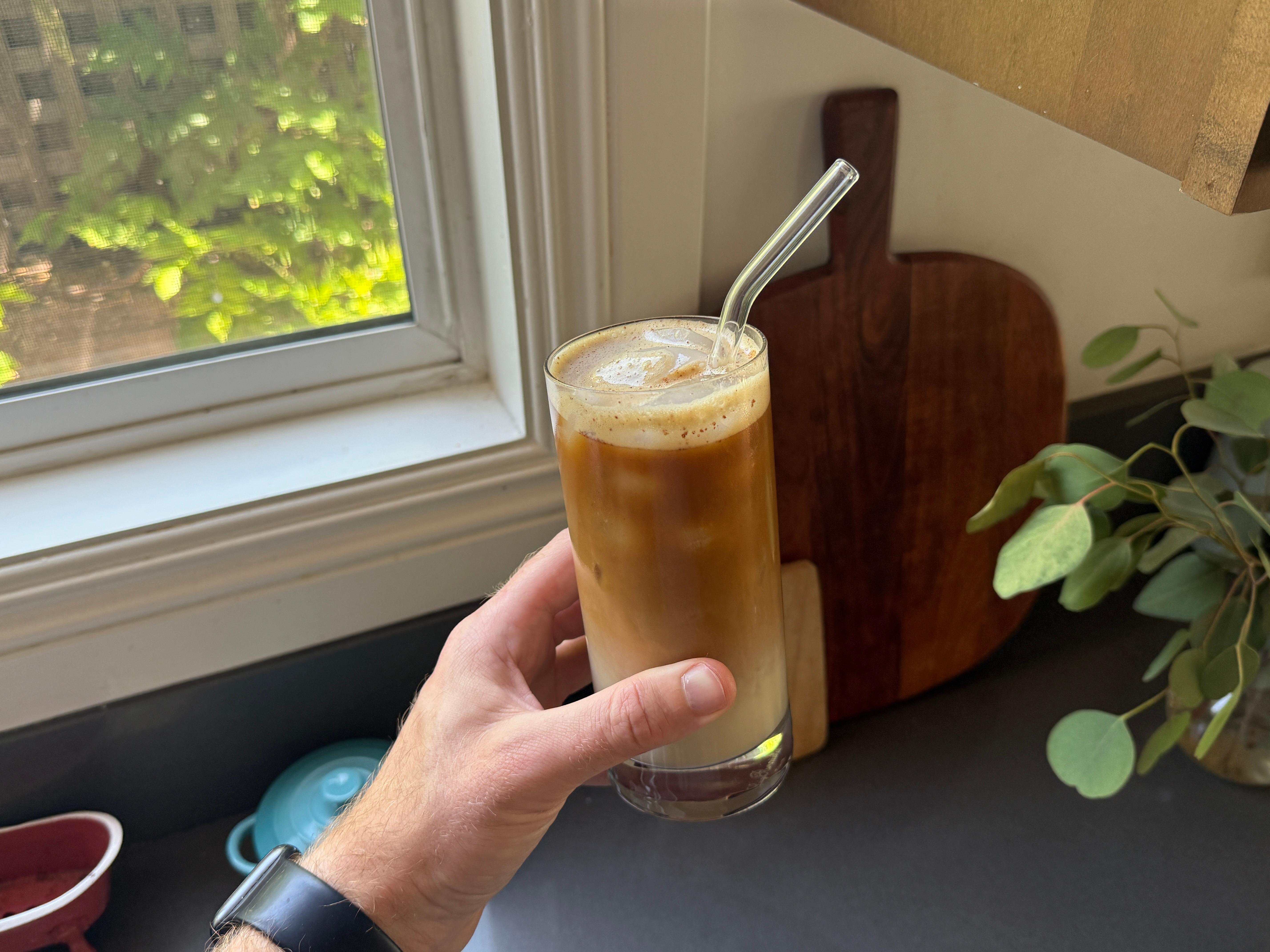 Hand holds a glass of iced coffee with a straw, near a kitchen window with plants, chopping boards visible in the background
