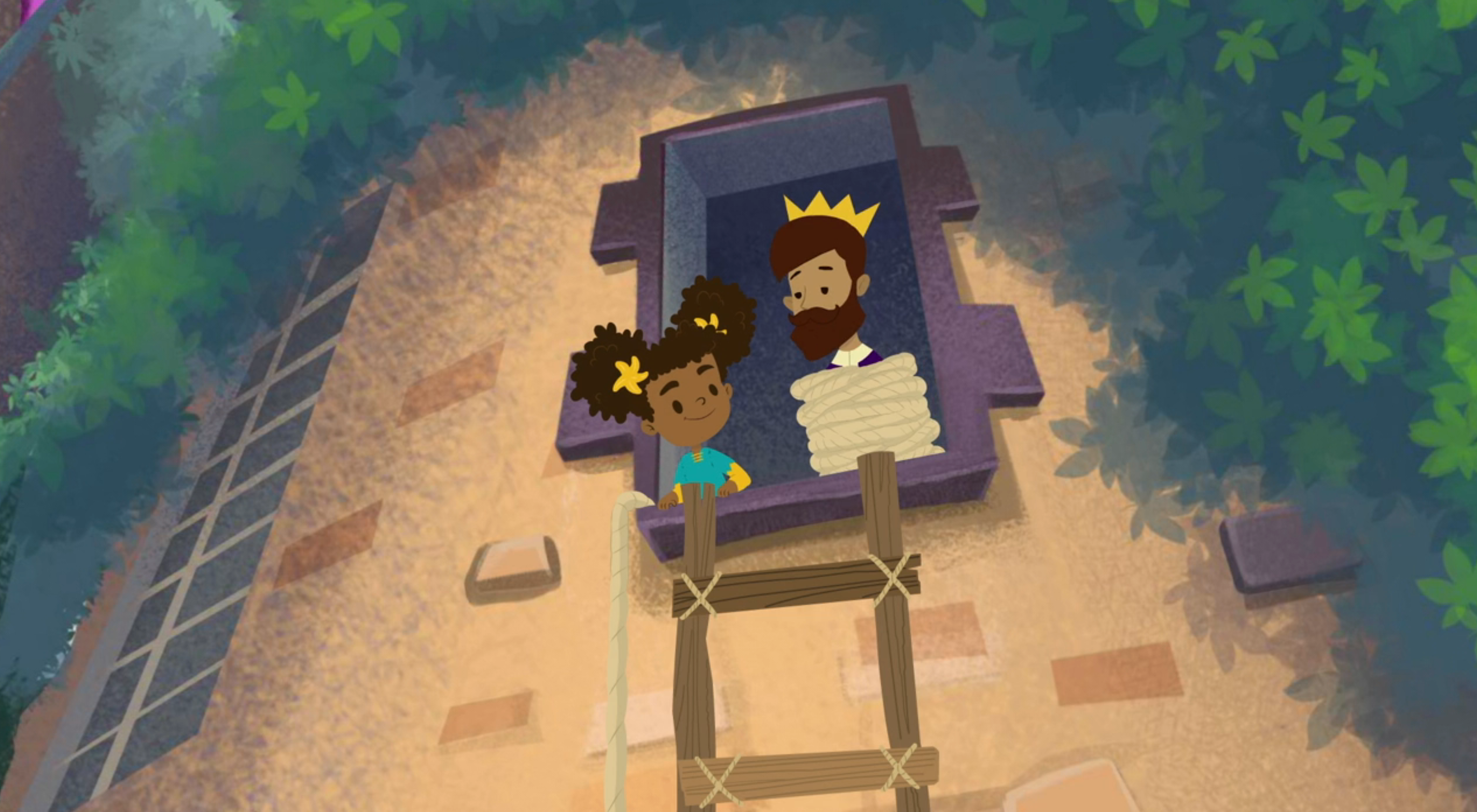 Animated scene of a child with star hair clips climbing a ladder to a window where a bearded character with a crown is tied up