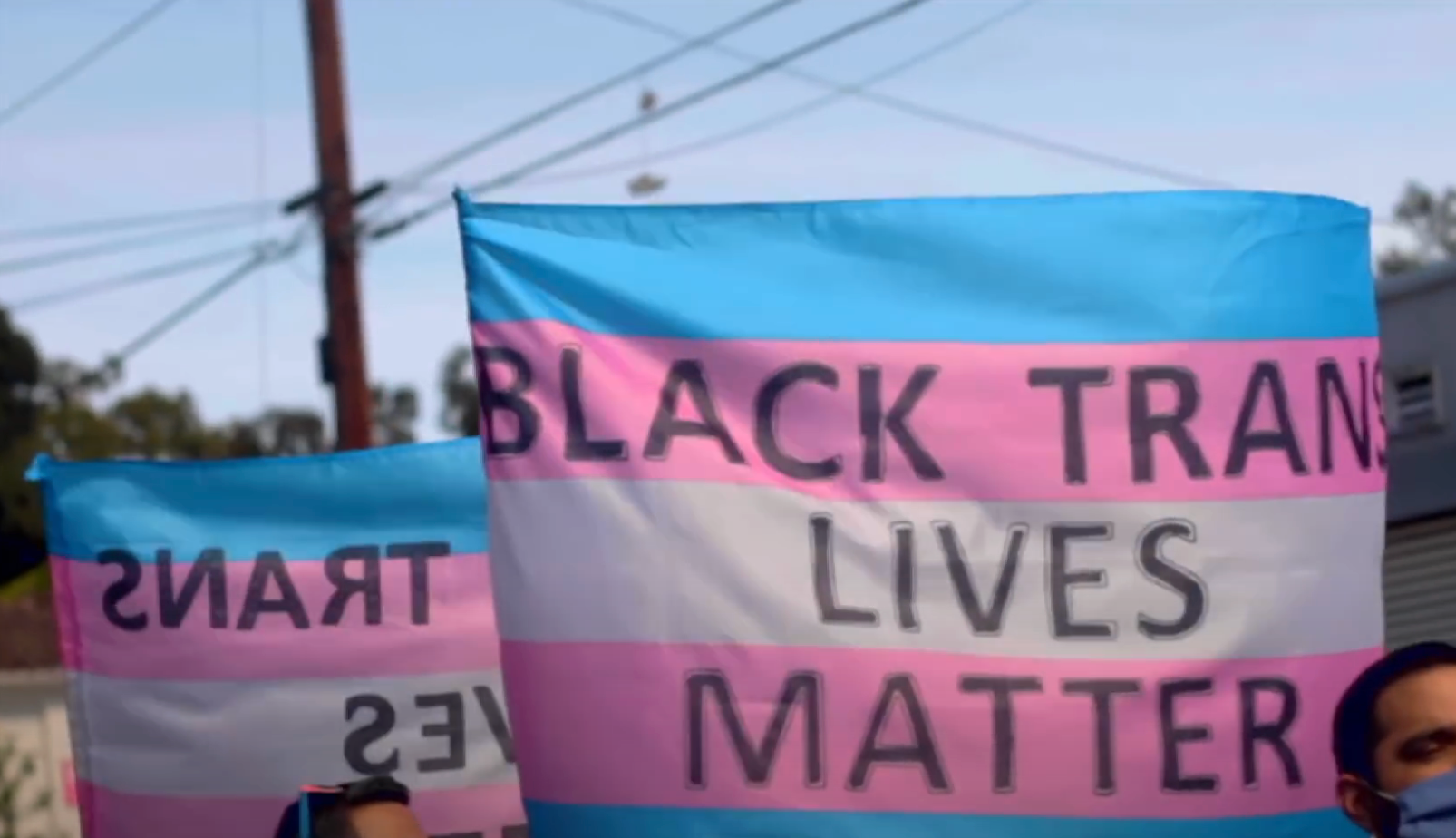 Banners with "Black Trans Lives Matter" message at a rally