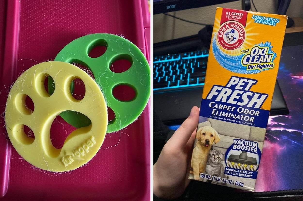 Two circular pet hair removers and a box of carpet odor eliminator with an image of a dog