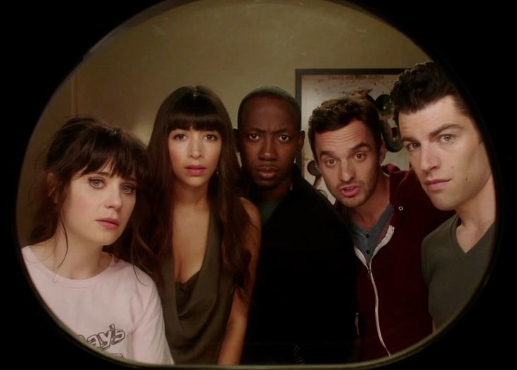 Five people looking curiously through a peephole. Four are standing, one leaning in, with varied facial expressions of curiosity and surprise