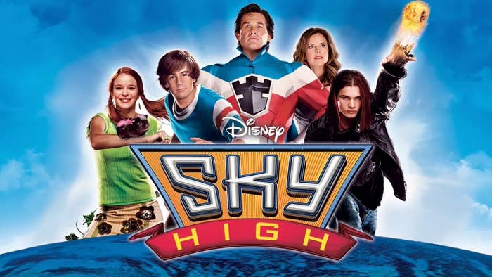 Promotional image for "Sky High" featuring main characters in superhero poses against a sky backdrop