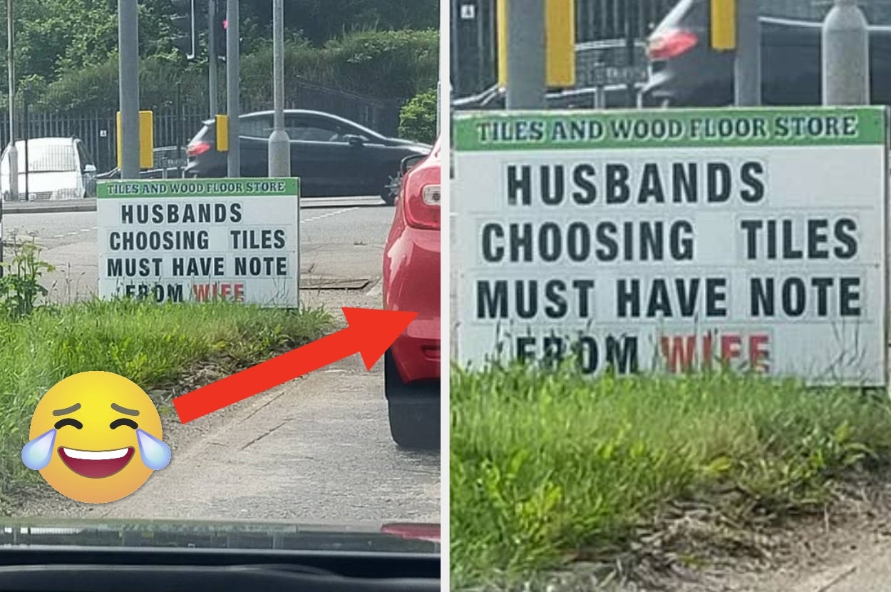 Sign outside a tile store reads: "Husbands choosing tiles must have note from wife." A laughing emoji and arrow point to the sign