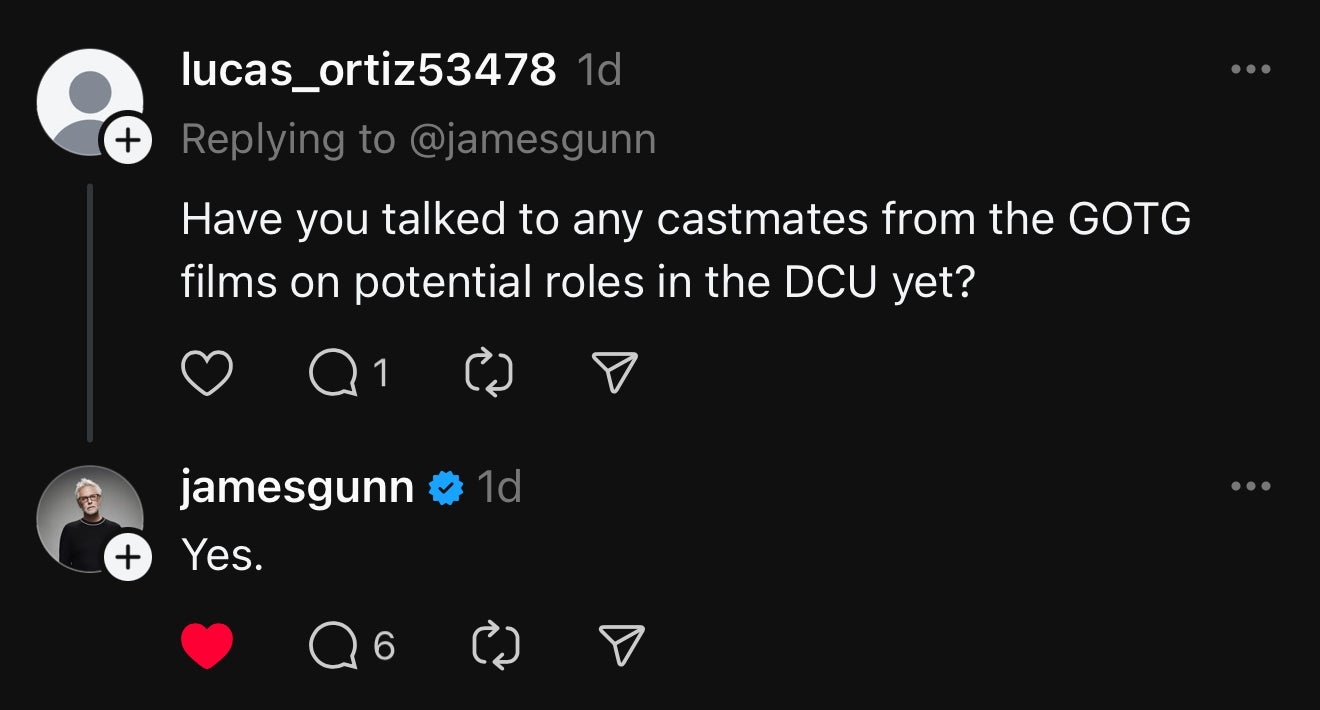 Comment exchange where someone asks if James Gunn talked to Guardians cast about DC roles; he replies "Yes."