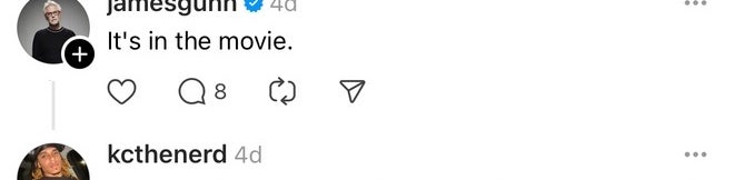 Instagram comment thread discussion about potential Easter eggs in a movie by James Gunn, with mentions of sports teams, music, and superheroes