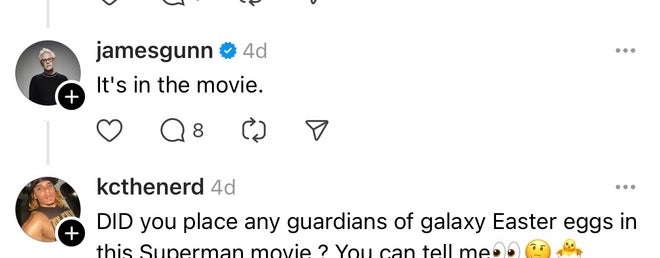 Social media conversation about Easter eggs in a Superman movie, mentioning a sports team and movie music