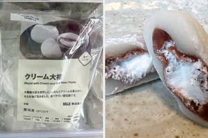 棚に並んだ無印良品のクリーム大福包装。クリームと小豆が詰まった和菓子の説明文が表示されています。