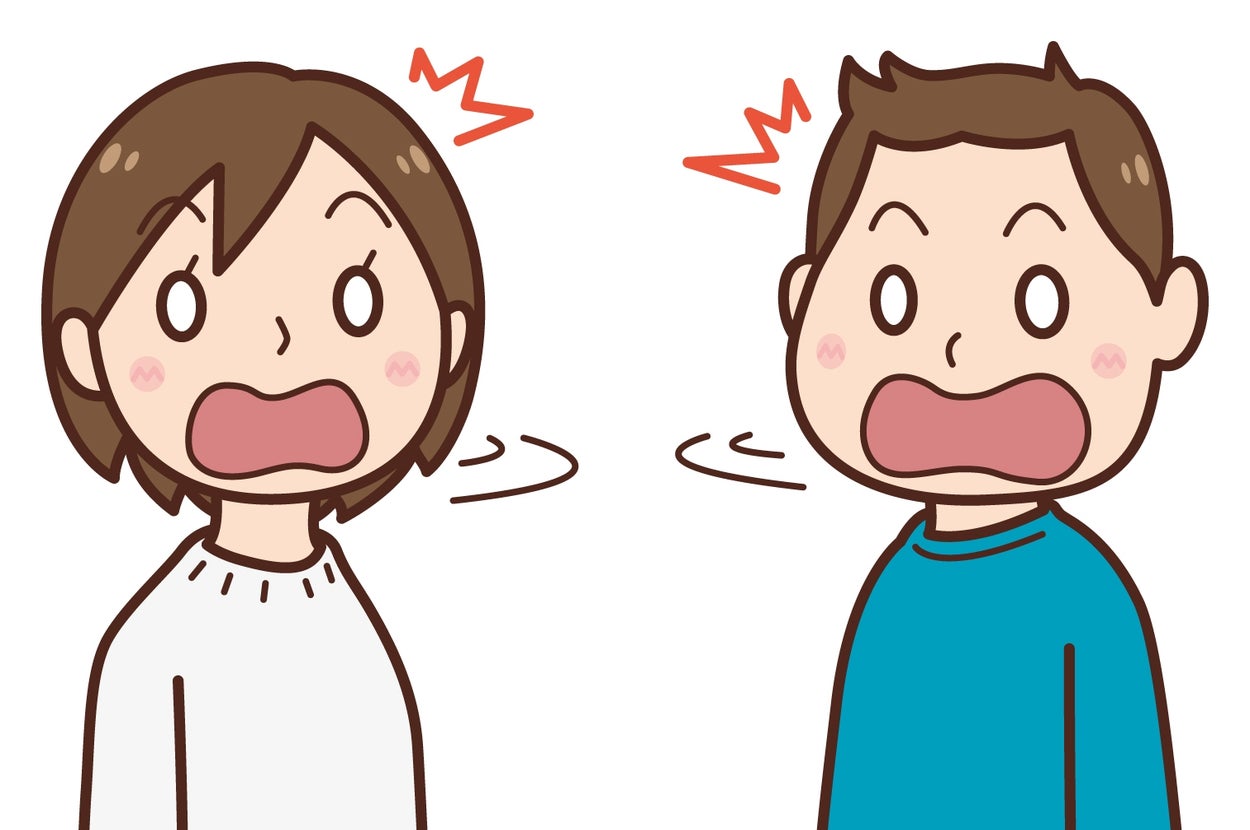 驚いている表情の男女二人のイラスト。どちらも口を大きく開けて両頬が赤く染まっている。