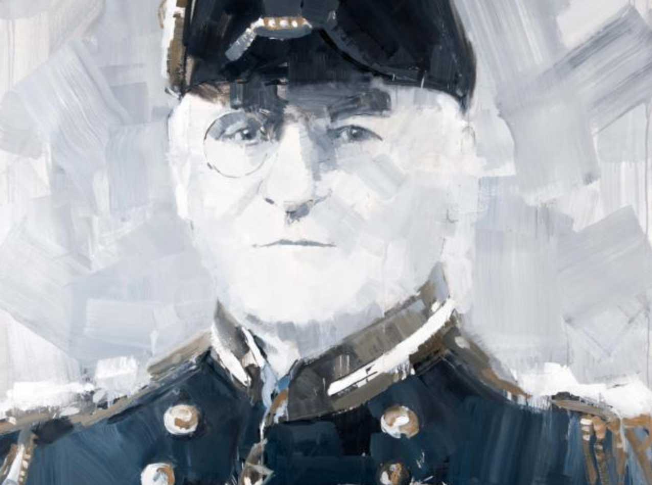Abstract painting of a person in a military uniform with a hat and monocle, featuring bold brushstrokes and a stylized appearance