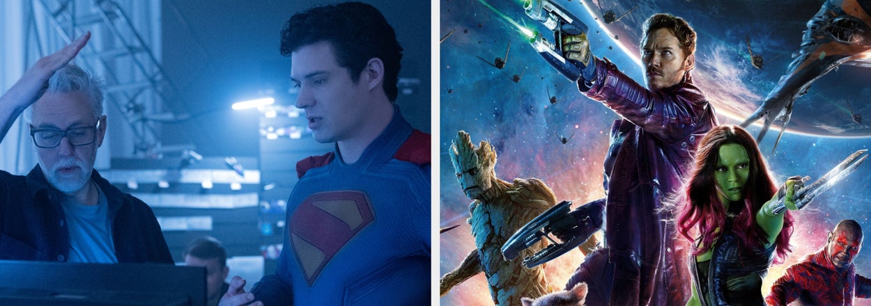 Split image: Left shows a tweet asking about DCU roles; right shows Guardians of the Galaxy characters in dynamic action stances