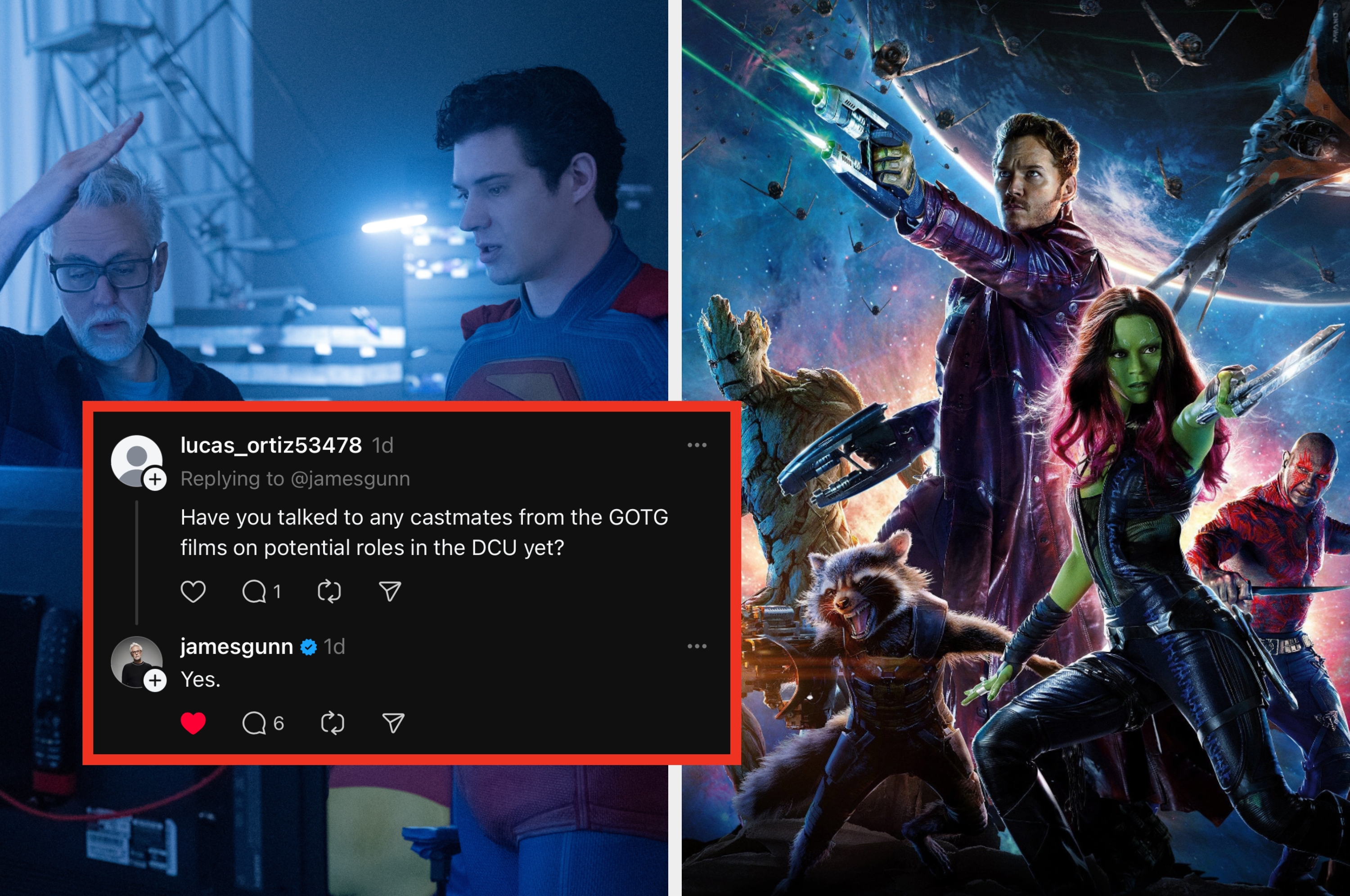 Split image: Left shows a tweet asking about DCU roles; right shows Guardians of the Galaxy characters in dynamic action stances