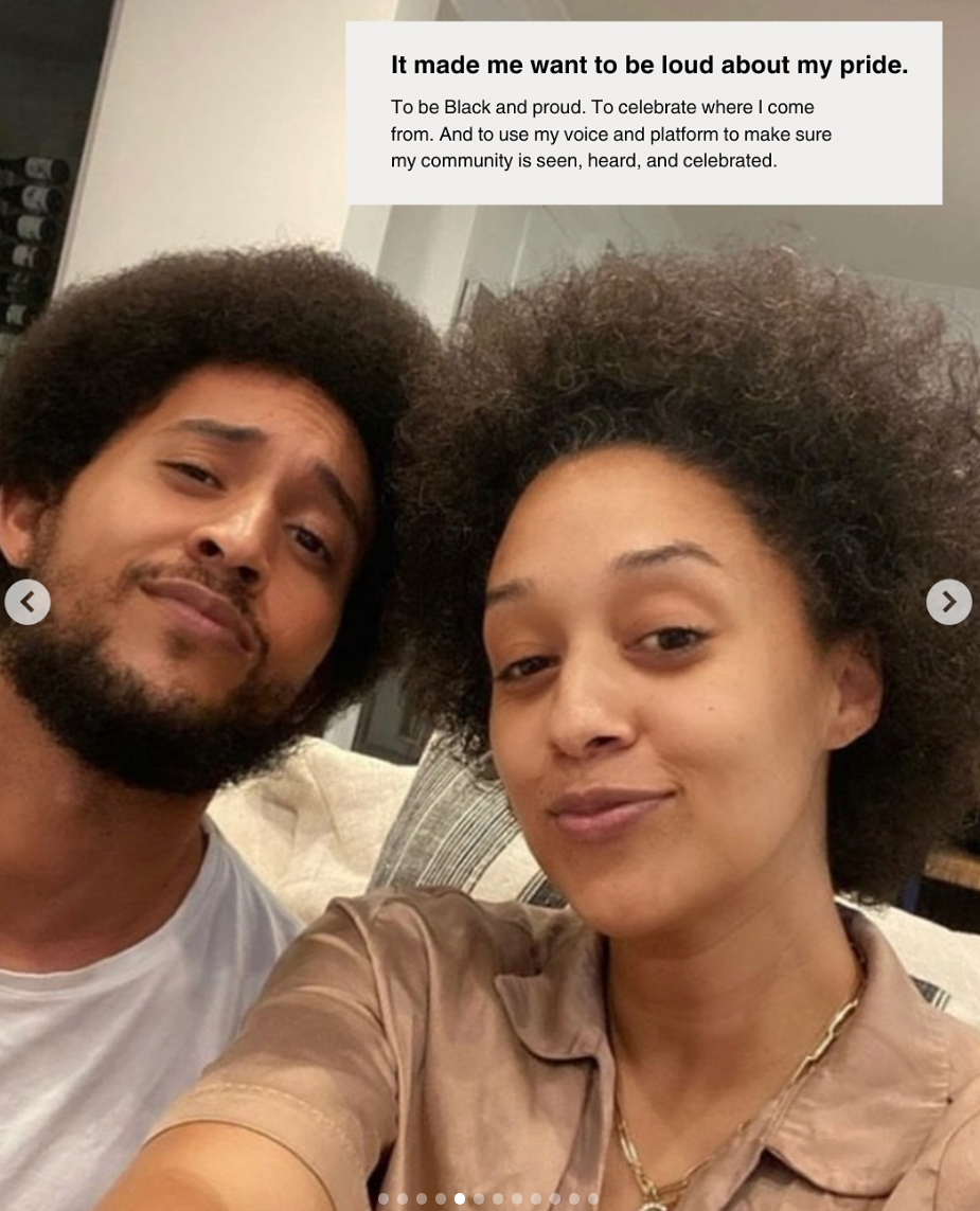 Two people smiling at the camera with text overlay about pride and using one's voice to ensure community visibility and celebration