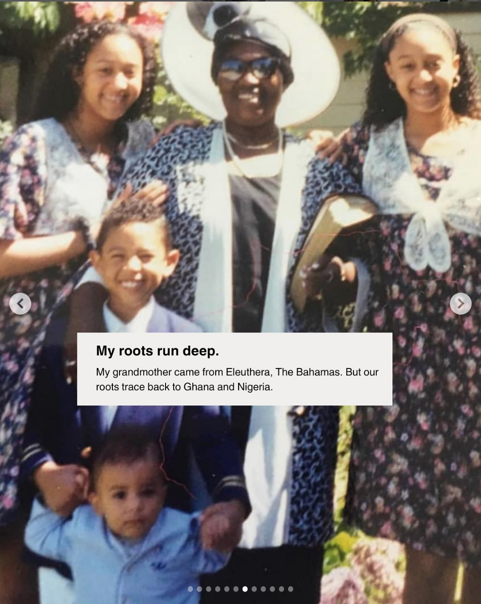 A family poses together; an elderly woman holds a book. Text reads, "My roots run deep. My grandmother came from Eleuthera, The Bahamas."