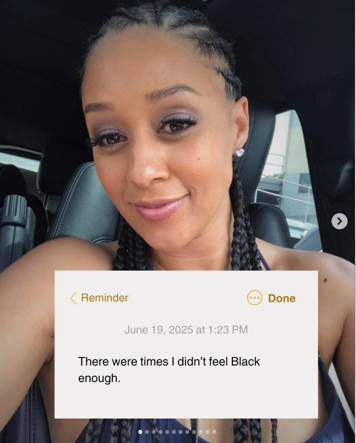 Person with braided hair in a car, next to a digital note saying, "There were times I didn’t feel Black enough," dated June 19, 2025