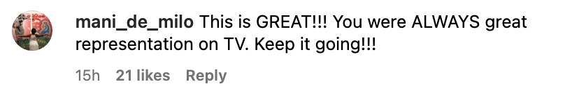 Comment praising someone for being a great representation on TV, encouraging them to keep going