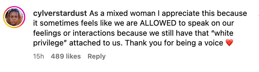 Comment expressing appreciation for diverse voices discussing privilege and inclusivity, highlighting the speaker's mixed heritage
