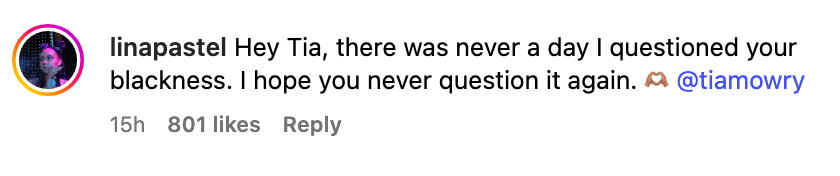 Comment praising Tia for not questioning her identity, with 801 likes