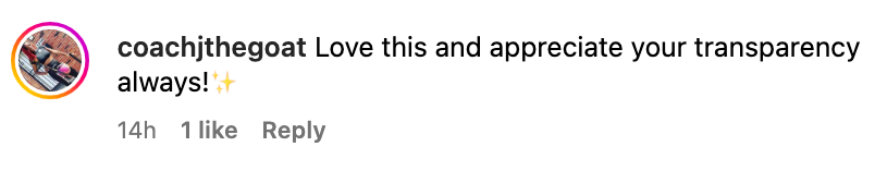 Comment from user praising transparency and expressing appreciation, saying "Love this and appreciate your transparency always!"