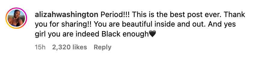 Comment from Alizah Washington praising a post, affirming beauty and identity with positive words and emojis, including a heart