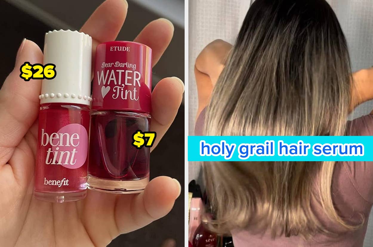 Bottle of Olay Super Serum Body Wash is held, labeled for dry skin. On the right, a person with straight, long hair sits in a salon chair