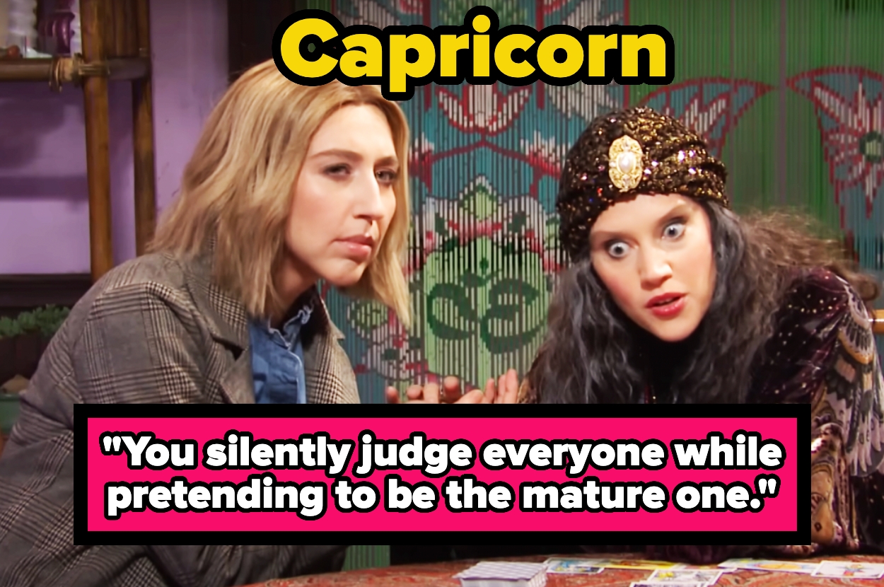 Two people at a tarot card reading; text reads: "You silently judge everyone while pretending to be the mature one."