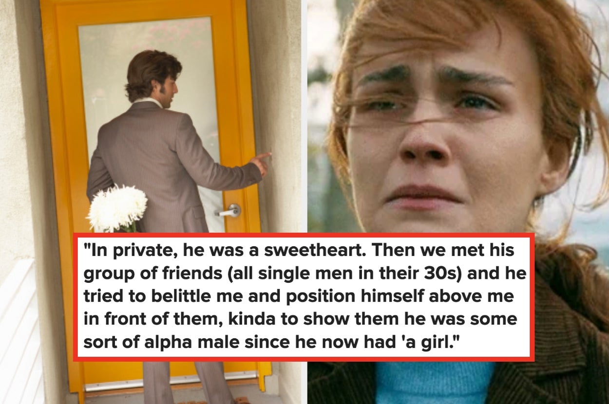 Man holding flowers at door; woman looks distraught. Text: “In private, he was a sweetheart. then we met his group of friends ... he tried to belittle me … to show he was some sort of alpha male"