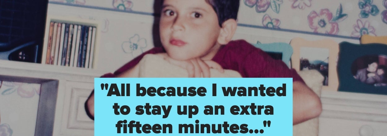 Child leaning on a chair with framed photos behind, text reads: "All because I wanted to stay up an extra fifteen minutes..."
