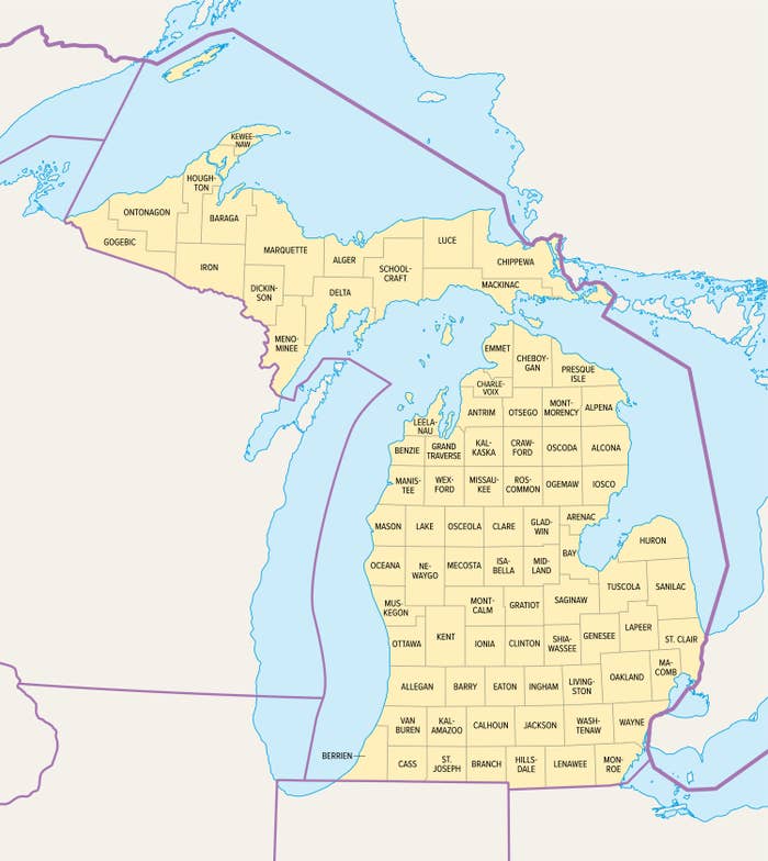Map of Michigan showing region names and boundaries