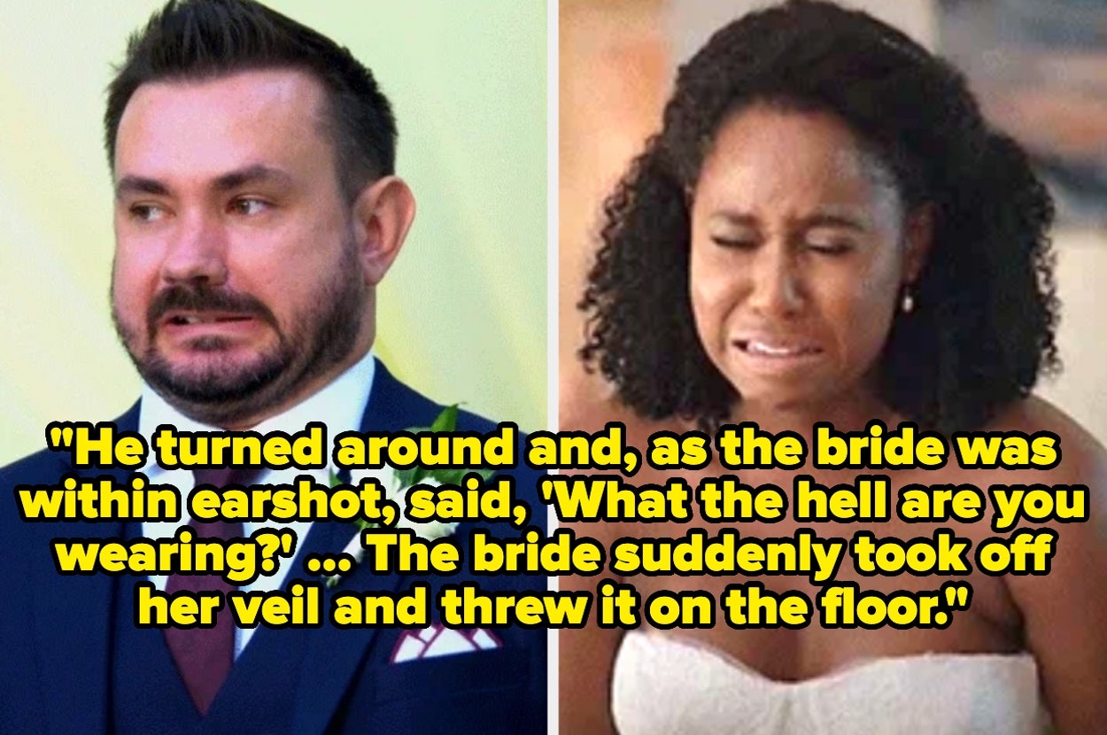 cringing groom and crying bride captioned, "He turned around and, as the bride was within earshot, said, 'What the hell are you wearing?' ... The bride suddenly took off her veil and threw it on the floor"