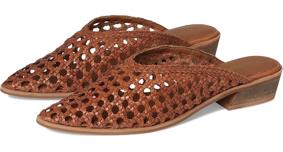Woven mule shoes with a low heel and peep-toe design, suitable for casual wear
