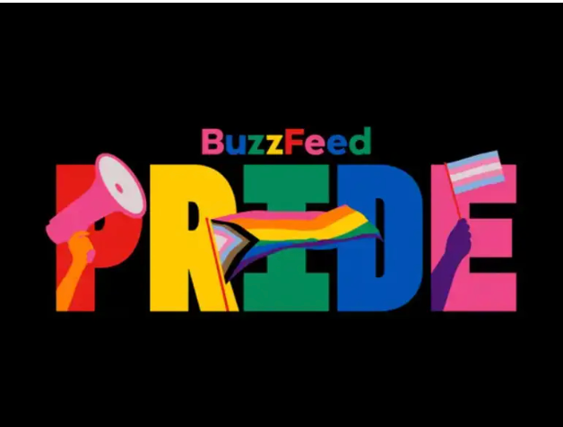 BuzzFeed Pride graphic with bold letters, megaphone, rainbow flag, and trans flag held by hands