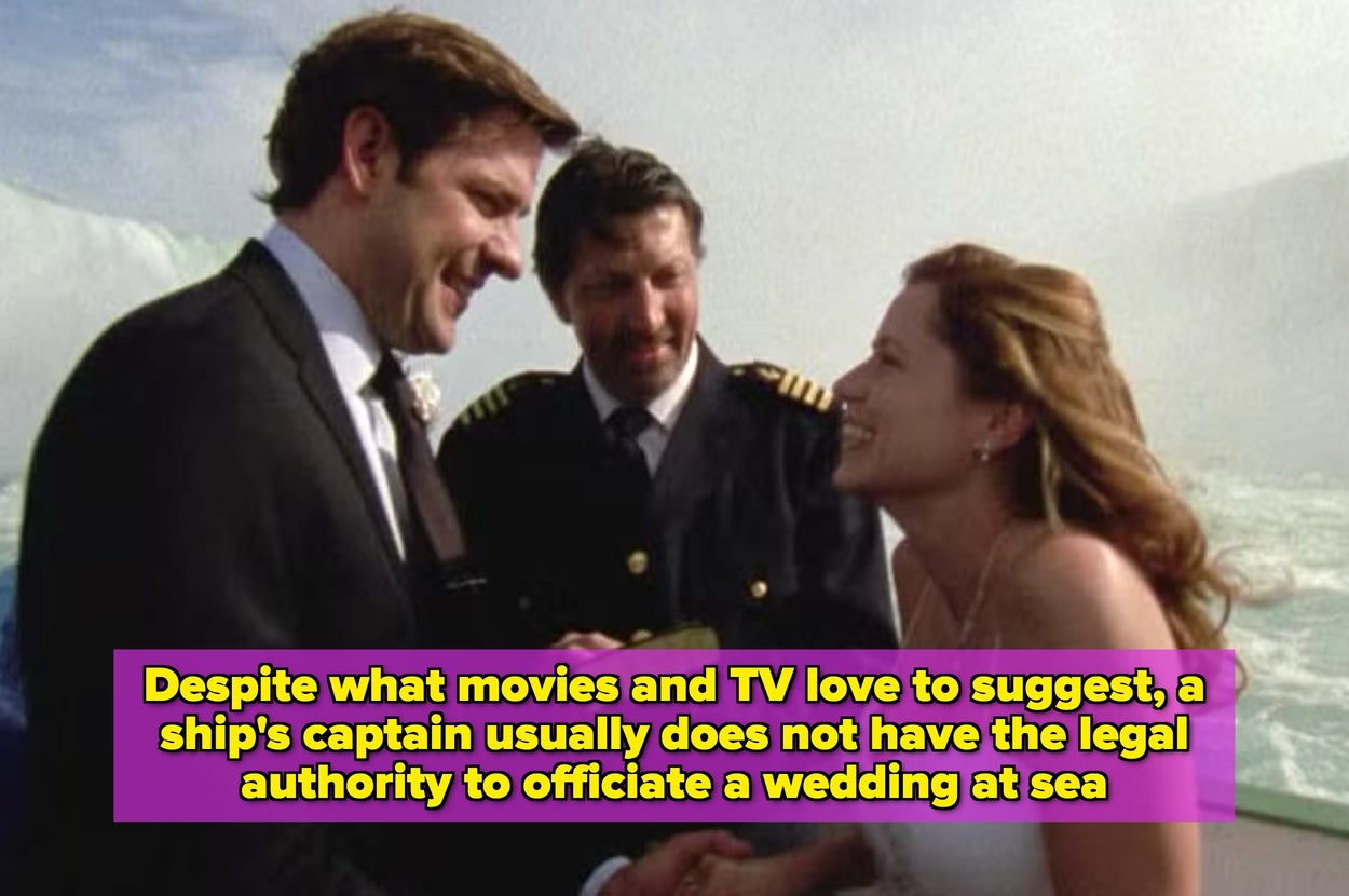 A couple is married by a ship's captain. Text: "Despite what movies suggest, a captain usually can't legally officiate a wedding at sea."