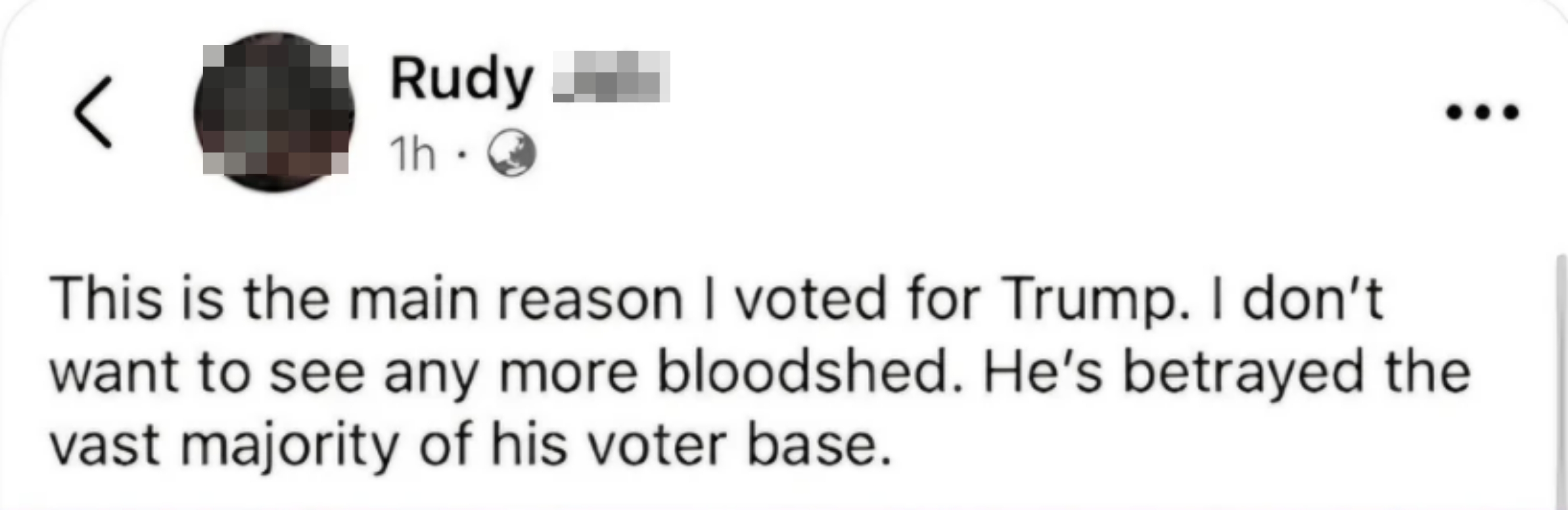 Facebook post by Rudy Jab expressing disappointment with Trump, citing betrayal of the voter base and a desire to avoid more bloodshed