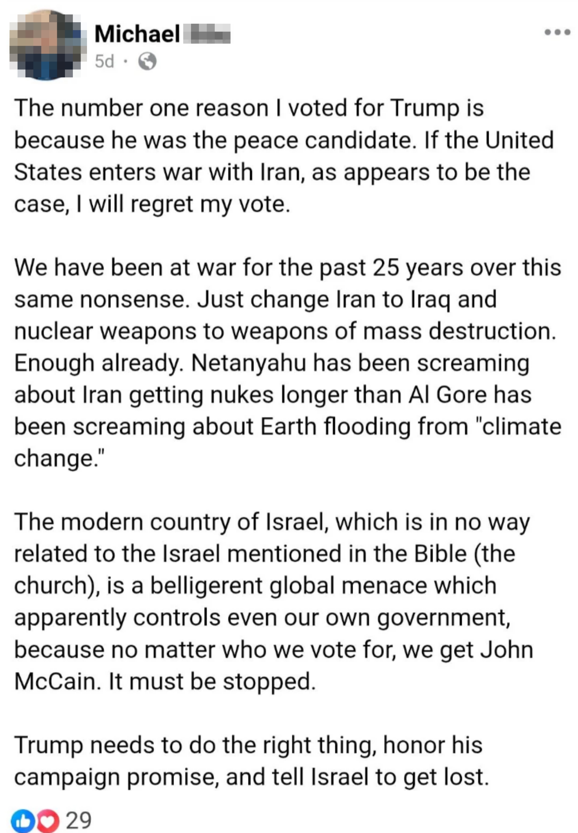 Summary of a social media post by Michael Ihle discussing support for Trump, concerns over possible war with Iran, and views on Israel and environmental issues